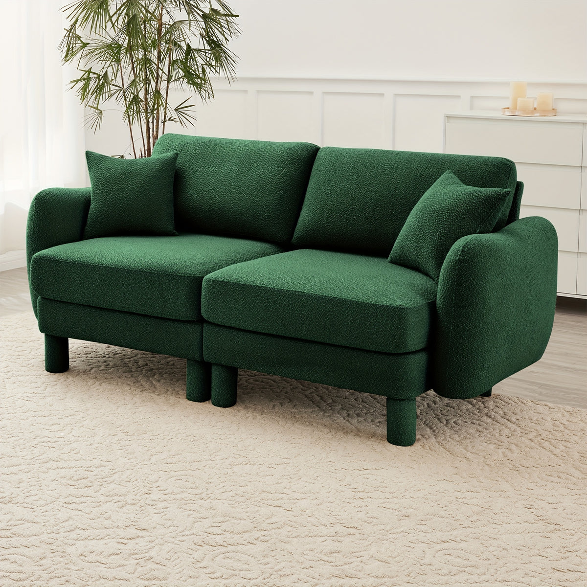 Boucle Modular Loveseat with Rounded Arms — green upholstery option.
