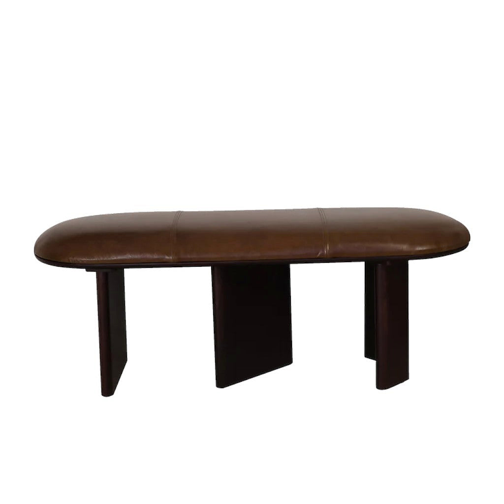 Brown Upholstered Bench with Panel-Leg Base