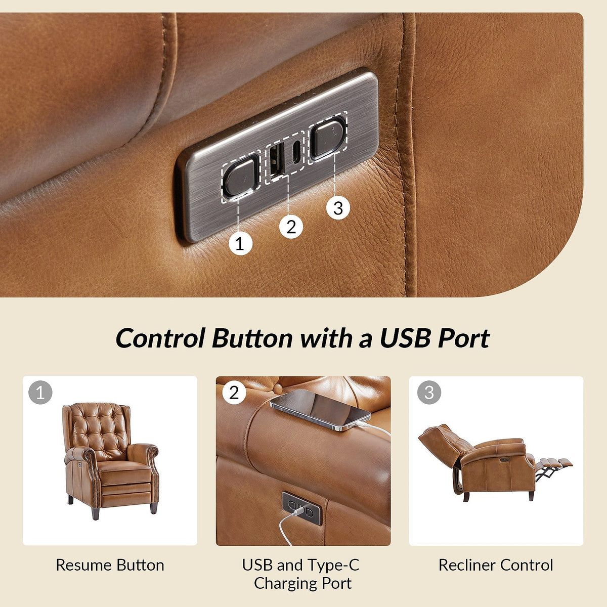 Hulala Leather Power Recliner with USB-C — gallery view 5 of 17