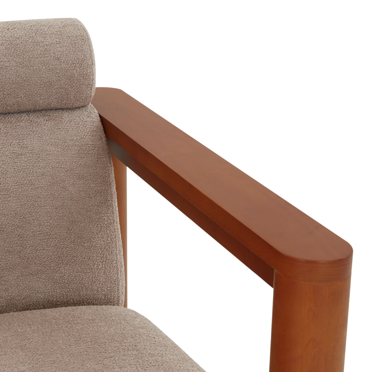 Nikolas Light Brown Bouclé Accent Chair — upholstery and wood arm close-up