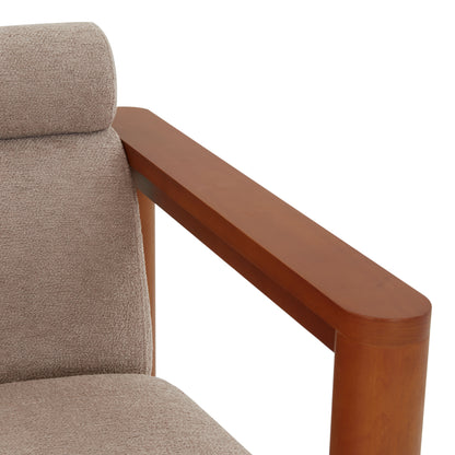 Nikolas Light Brown Bouclé Accent Chair — upholstery and wood arm close-up