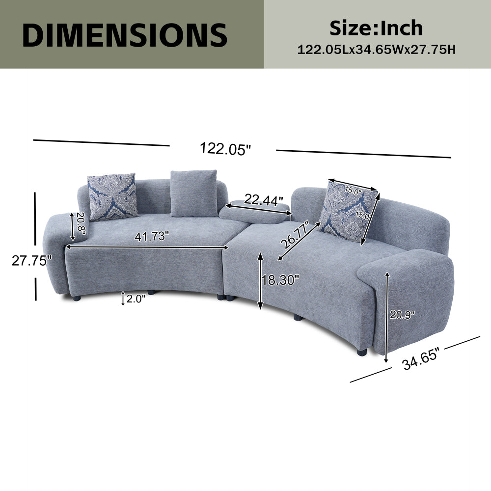 Blue-Grey Curved Sofa with Damask Pillows — supplier dimension diagram.