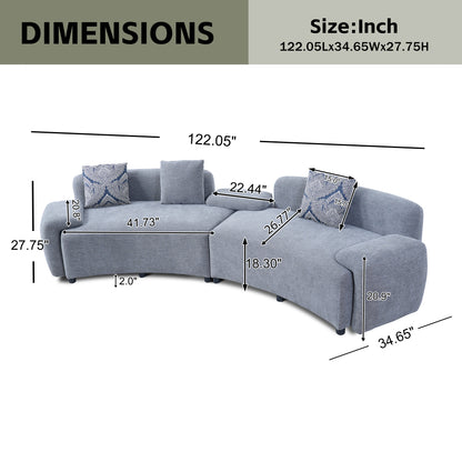 Blue-Grey Curved Sofa with Damask Pillows — supplier dimension diagram.