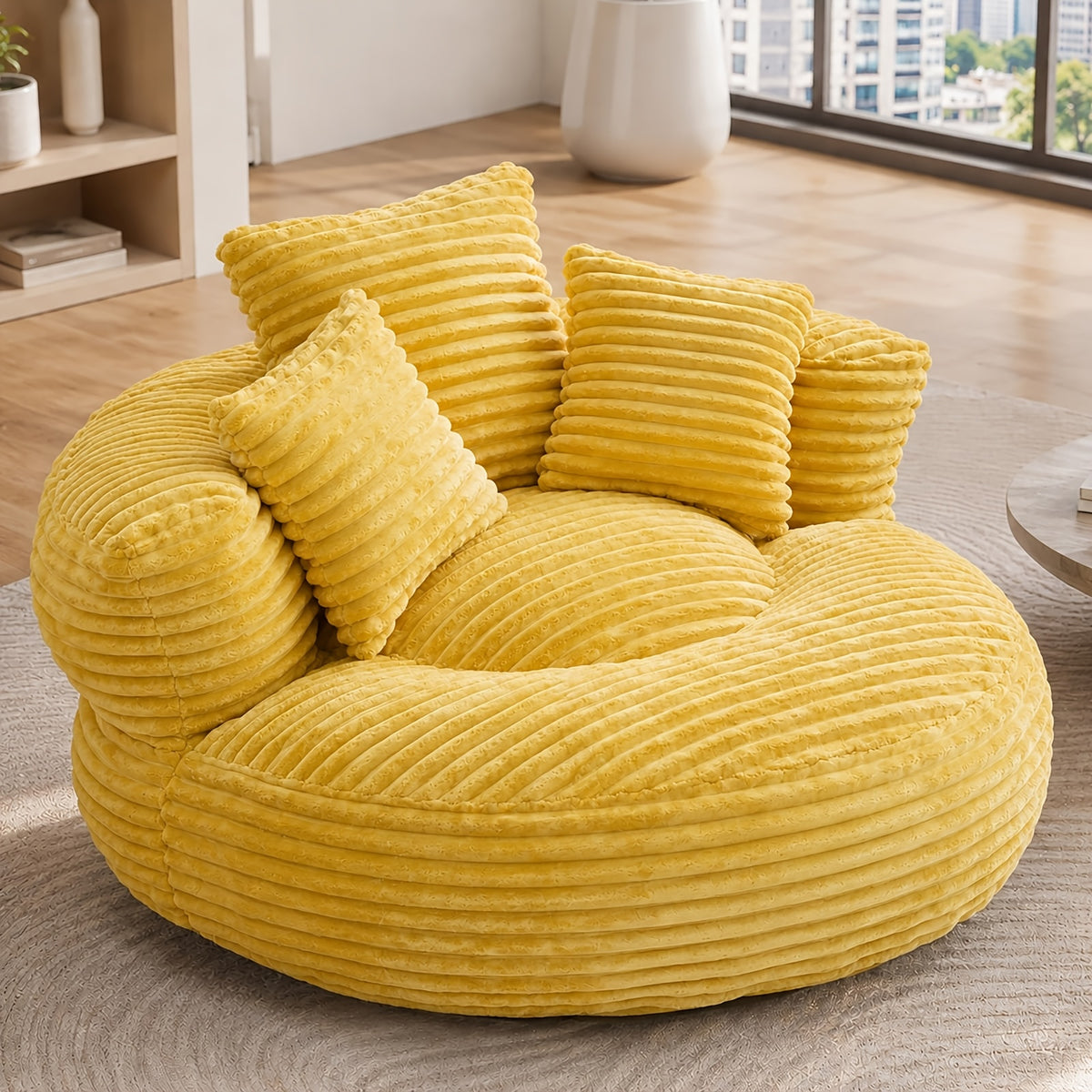 Round Corduroy Bean Bag Chair with Three Pillows — yellow front three-quarter view