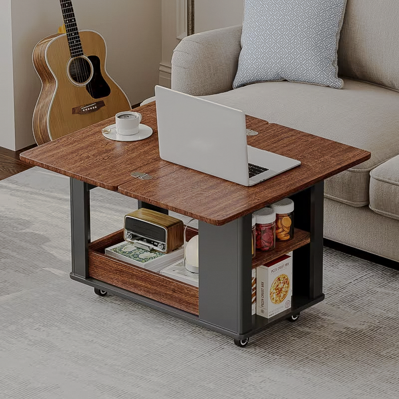 Rolling drop-leaf table with top expanded for a laptop