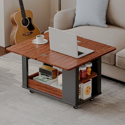 Rolling drop-leaf table with top expanded for a laptop