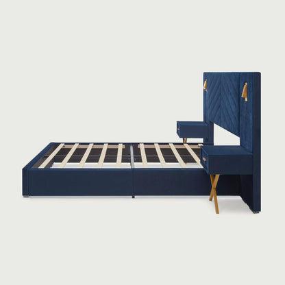 Side studio view of the Royal Blue bed frame with slats and built-in nightstand