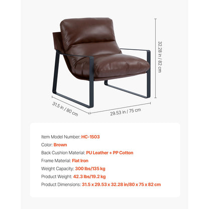 Brown faux leather sling chair with a black iron frame — size and construction details