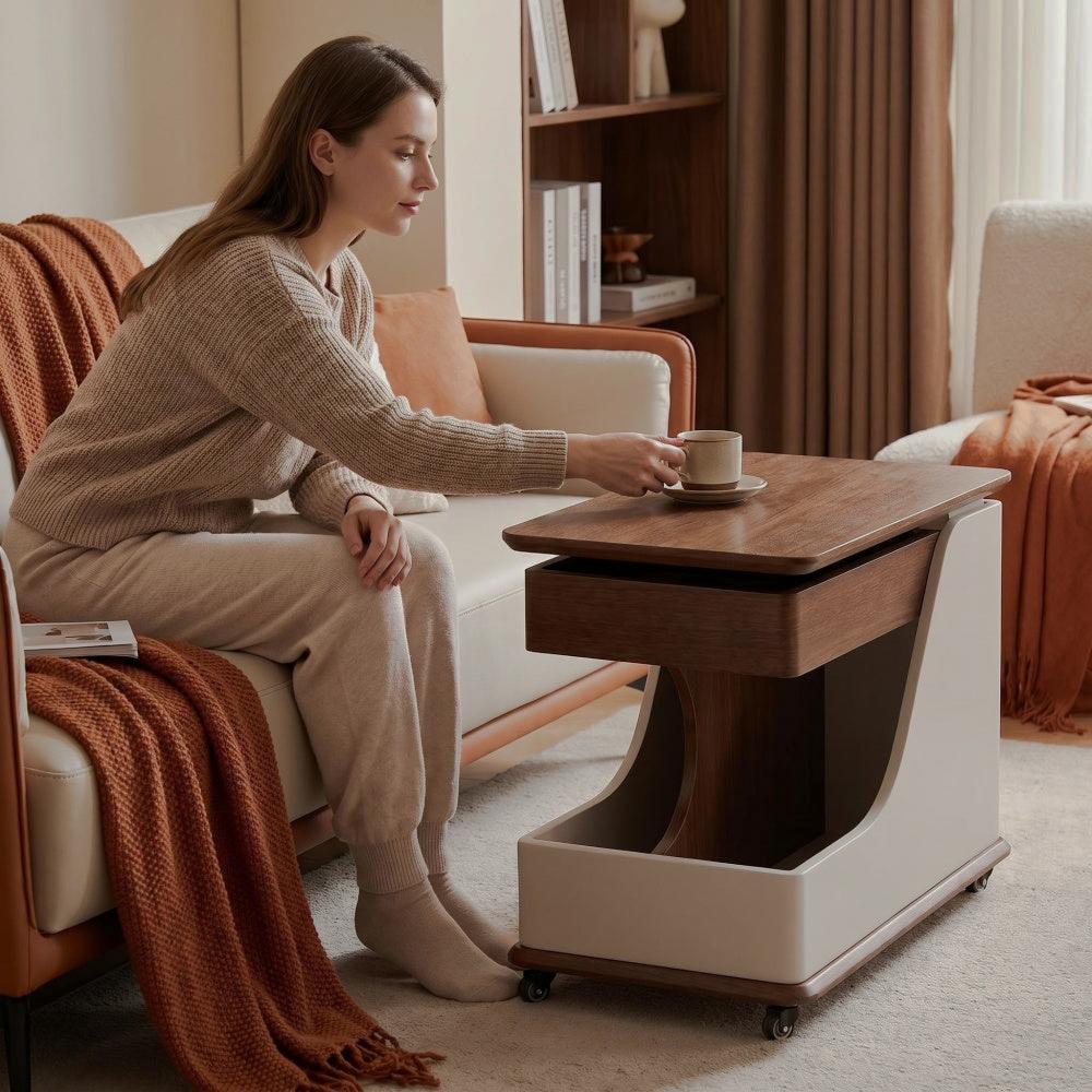Swivel Side Table with Storage and Wheels