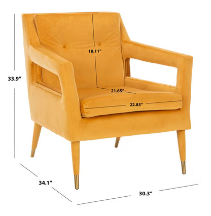 Mara Tufted Accent Chair with Gold-Tone Leg Caps — marigold chair dimensions diagram