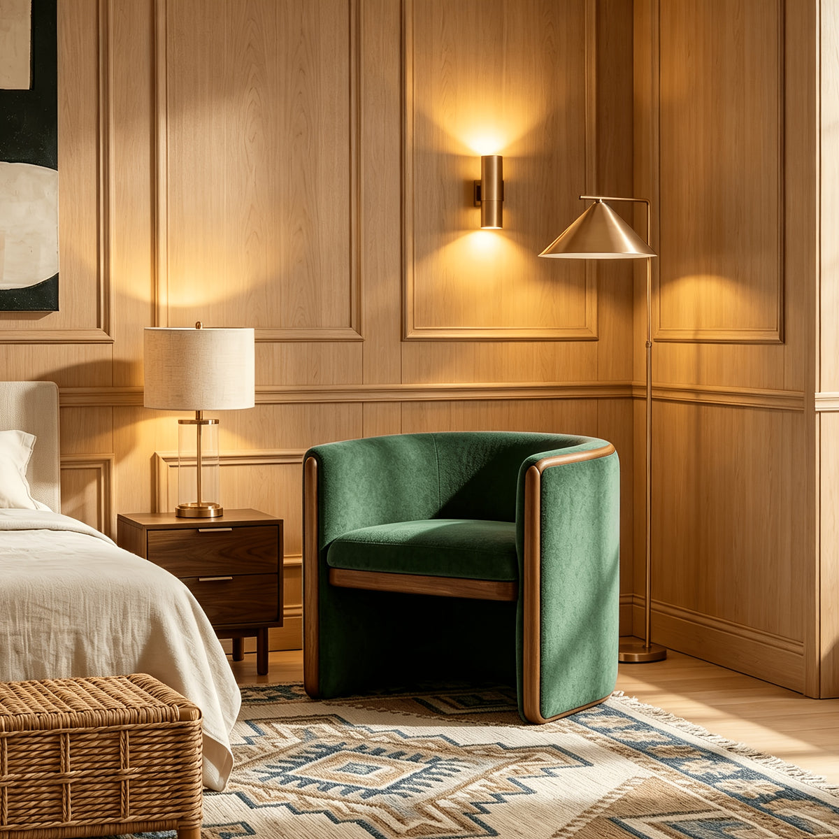 Textured Barrel Chair with Wood Trim — green chair in a bedroom corner