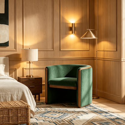 Textured Barrel Chair with Wood Trim — green chair in a bedroom corner