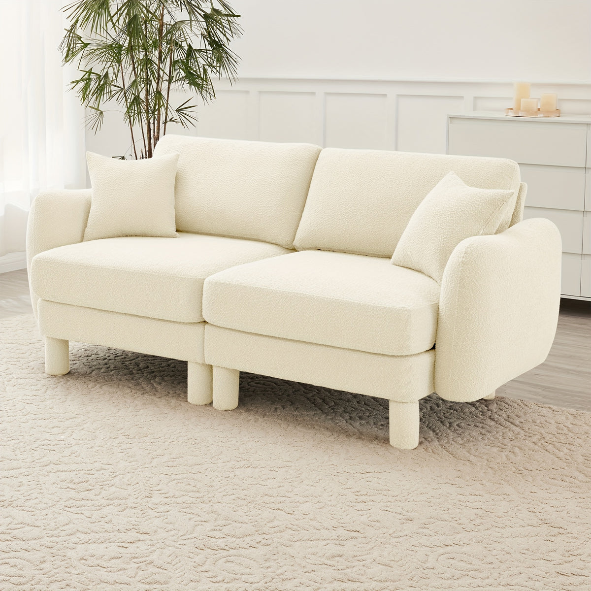 Boucle Modular Loveseat with Rounded Arms — light beige upholstery option.