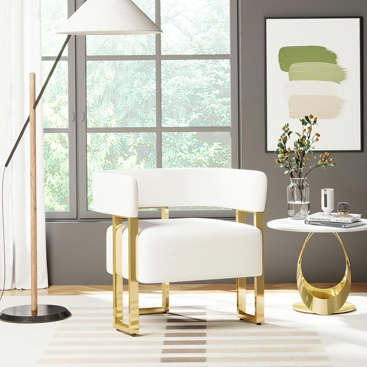 Cutout-Back Accent Chair with Gold-Tone Base — white chair with gold-colored frame