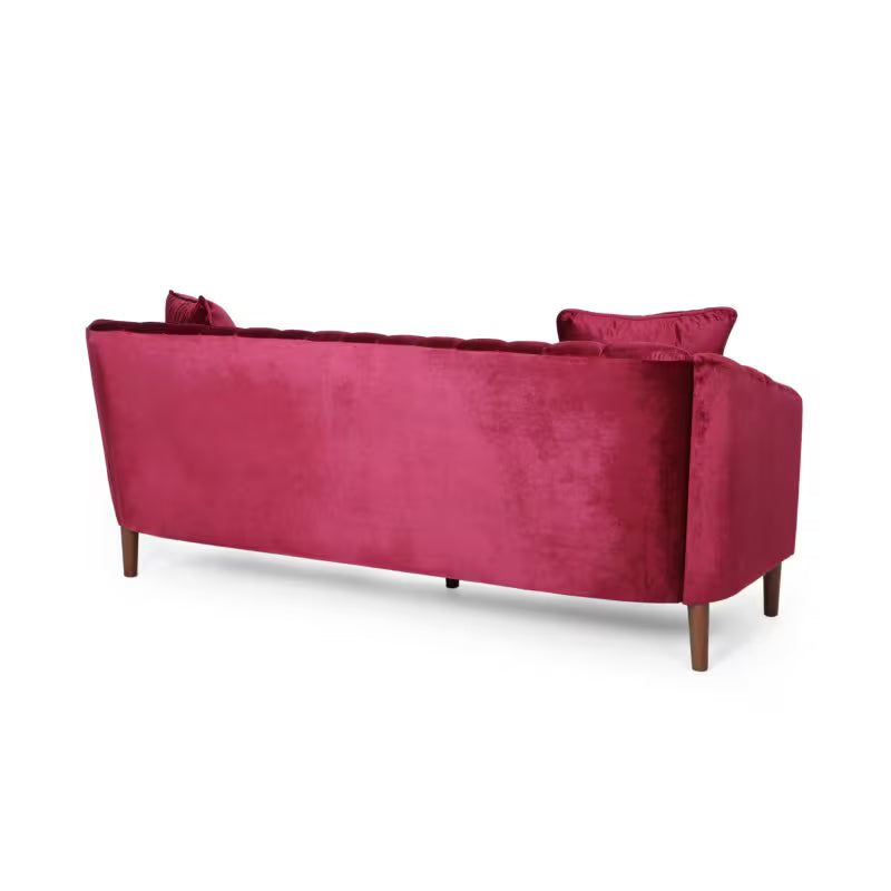 Wine Red Channel-Tufted Sofa — rear three-quarter view.