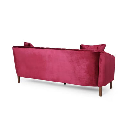 Wine Red Channel-Tufted Sofa — rear three-quarter view.