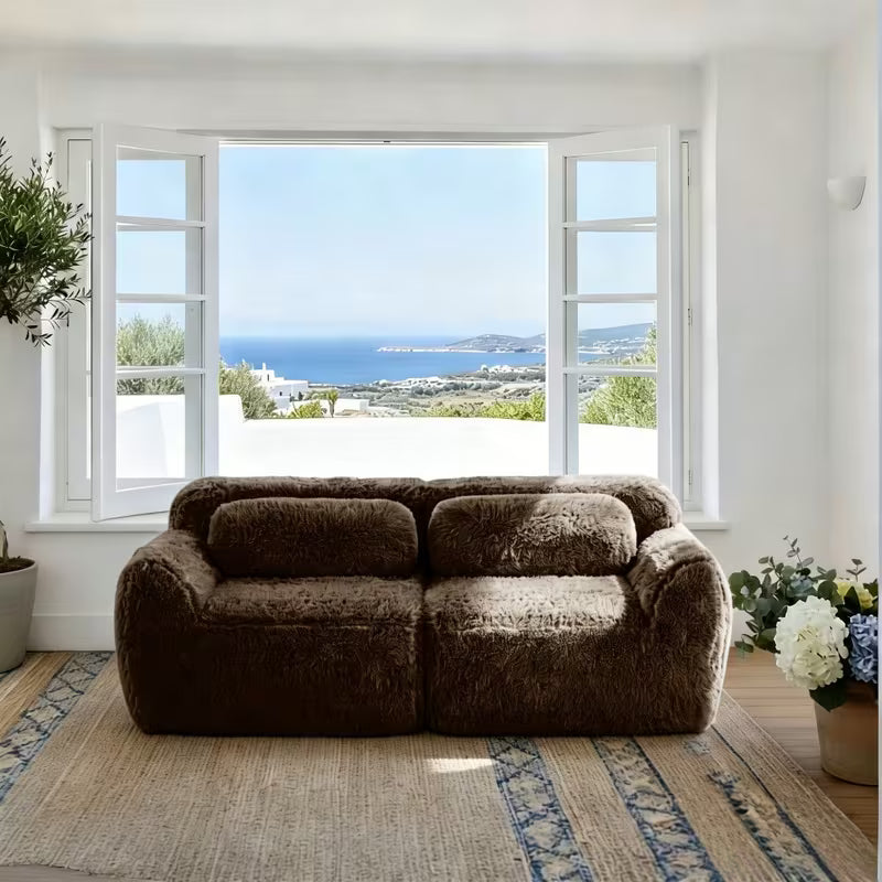 Plush Modular Two-Seat Sofa — chocolate sofa in a coastal room.