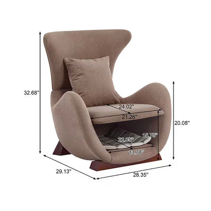 Brown sculptural upholstered accent chair with a curved wood frame and lower storage nook — dimension diagram