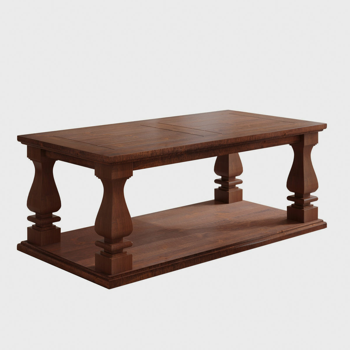 Walnut-brown farmhouse coffee table on a white background