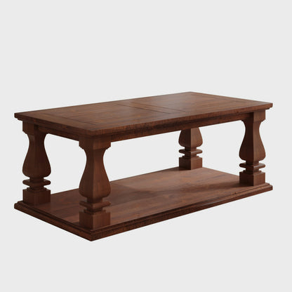 Walnut-brown farmhouse coffee table on a white background