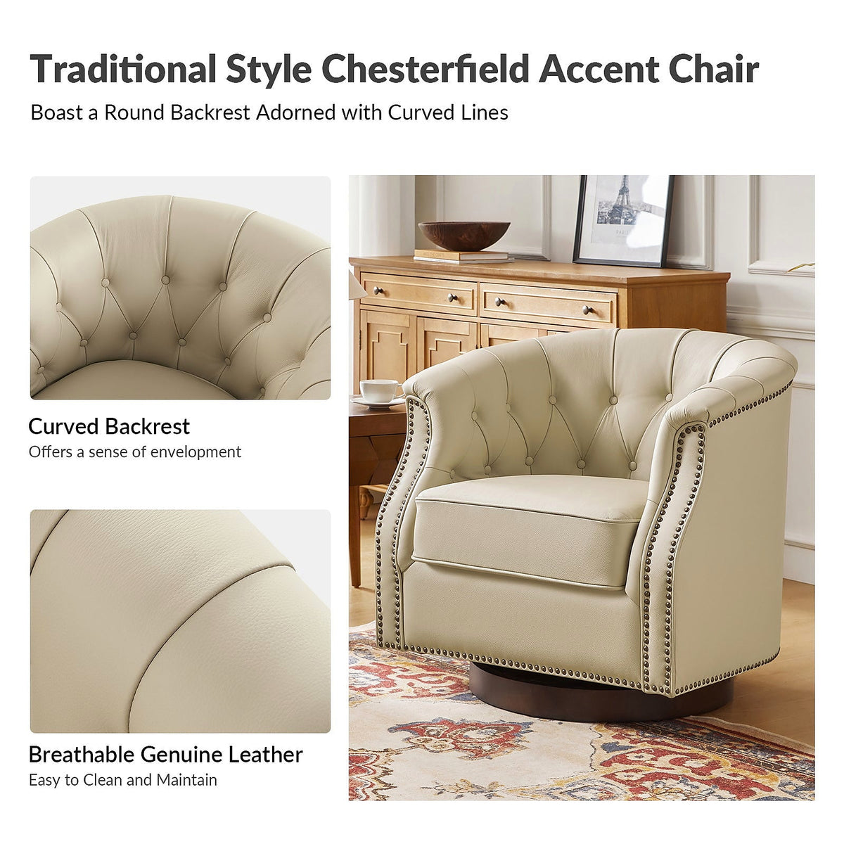 White genuine leather Chesterfield swivel rocking armchair with rolled arms