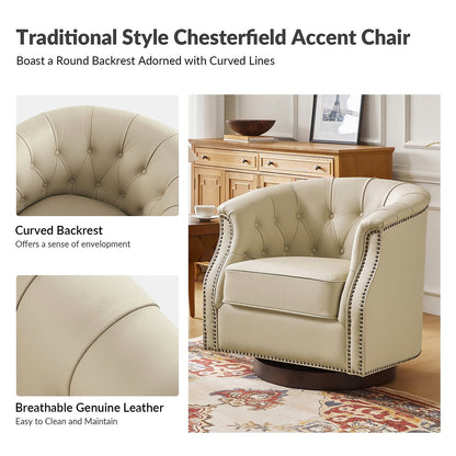 White genuine leather Chesterfield swivel rocking armchair with rolled arms
