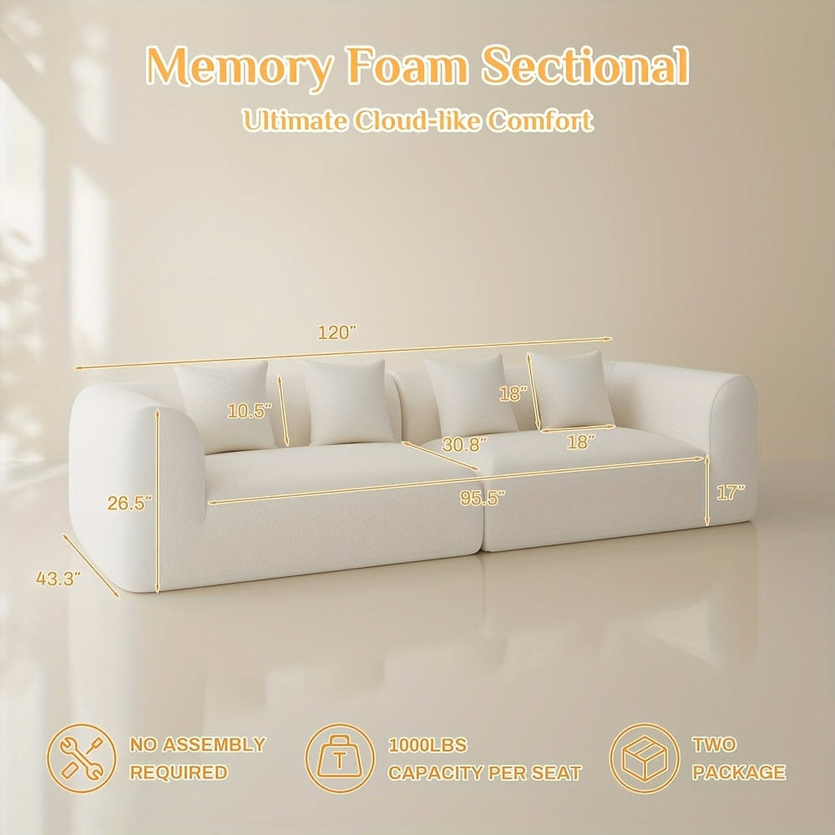 Sofa dimension diagram showing 120-inch width, 43.3-inch depth and 26.5-inch overall height.