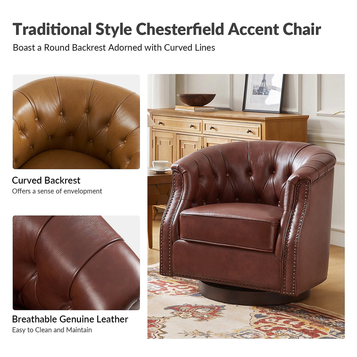 Brown genuine leather Chesterfield swivel rocking armchair with rolled arms