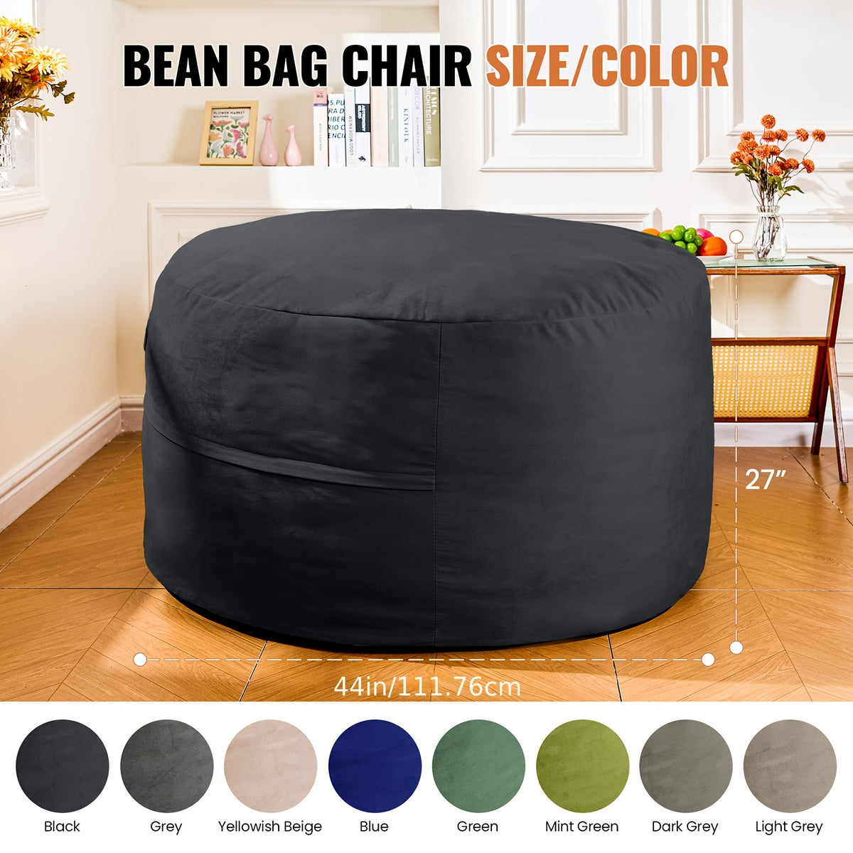 Bean bag dimension and supplier color chart showing 44-inch width and 27-inch height