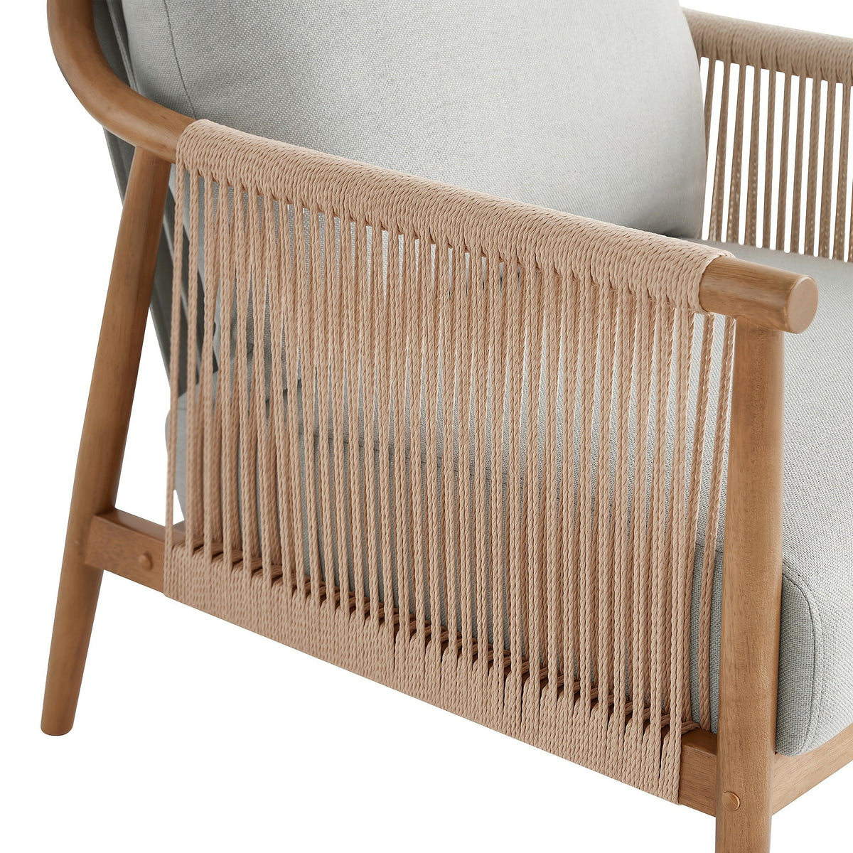 Wood frame accent chair with braided paper cord sides and a light gray cushion