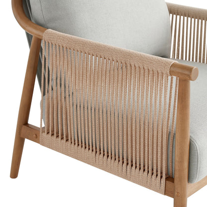 Wood frame accent chair with braided paper cord sides and a light gray cushion