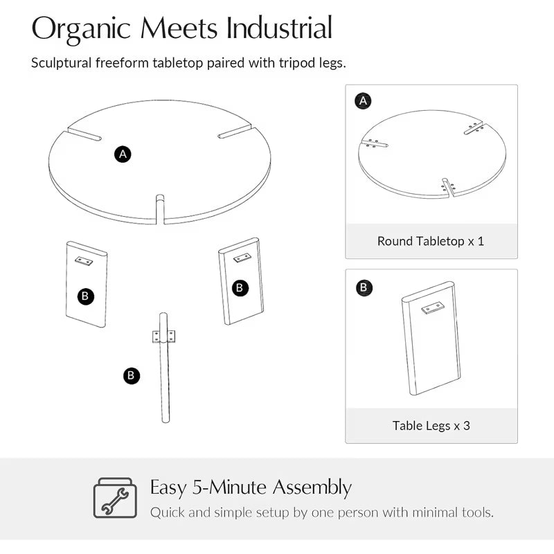 Assembly diagram showing one round tabletop and three coffee table legs