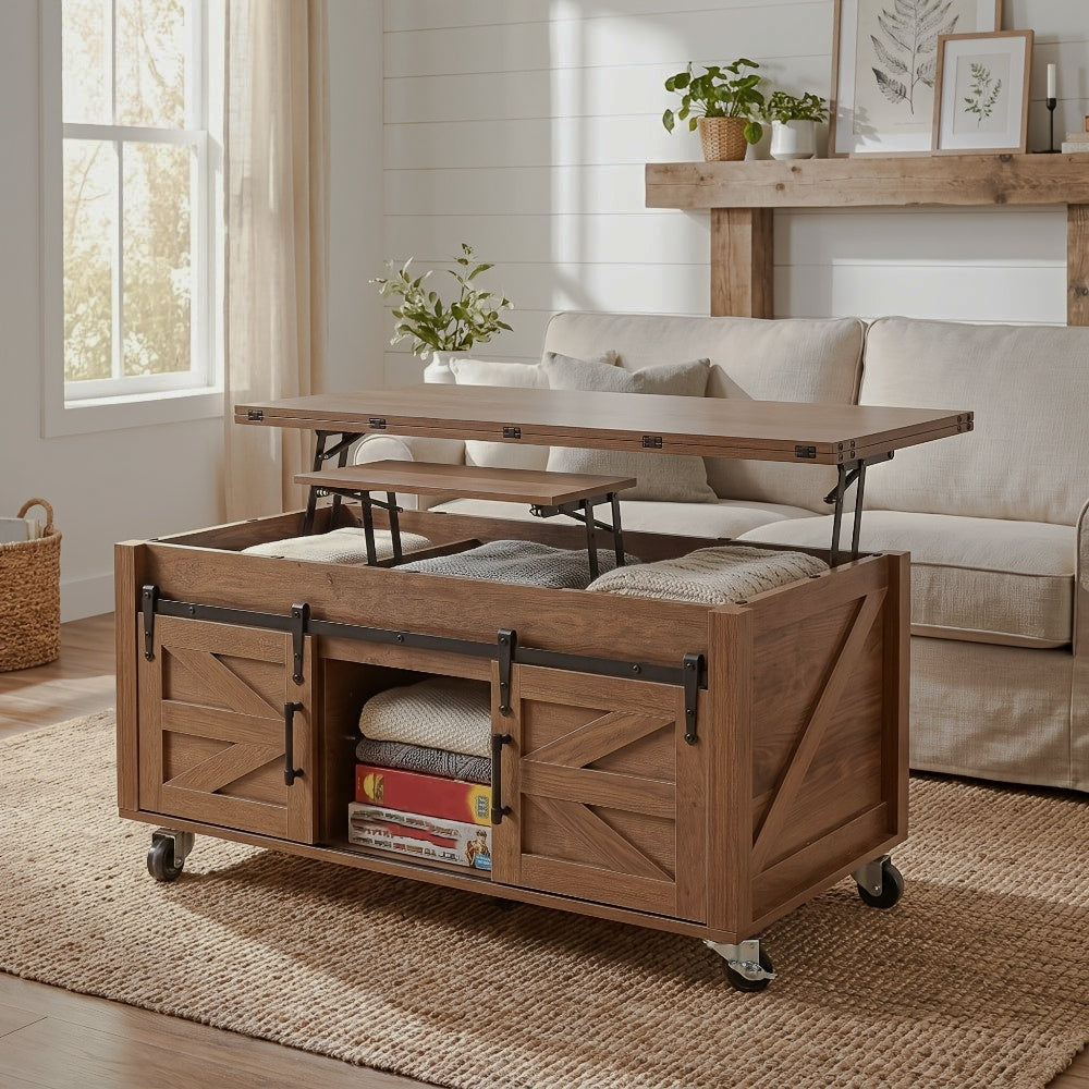 Brown coffee table showing raised top and hidden compartment