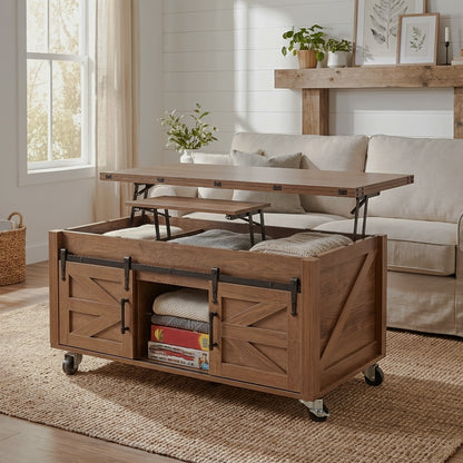 Brown coffee table showing raised top and hidden compartment