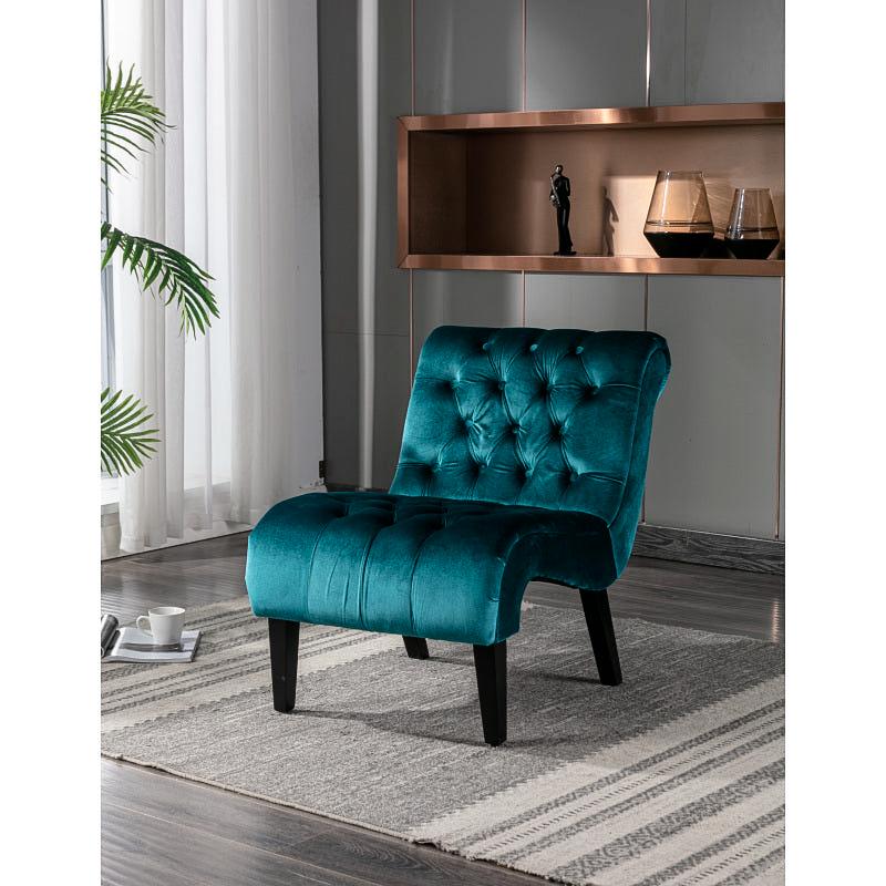 Button-Tufted Velvet Armless Accent Chair — teal front view in a room