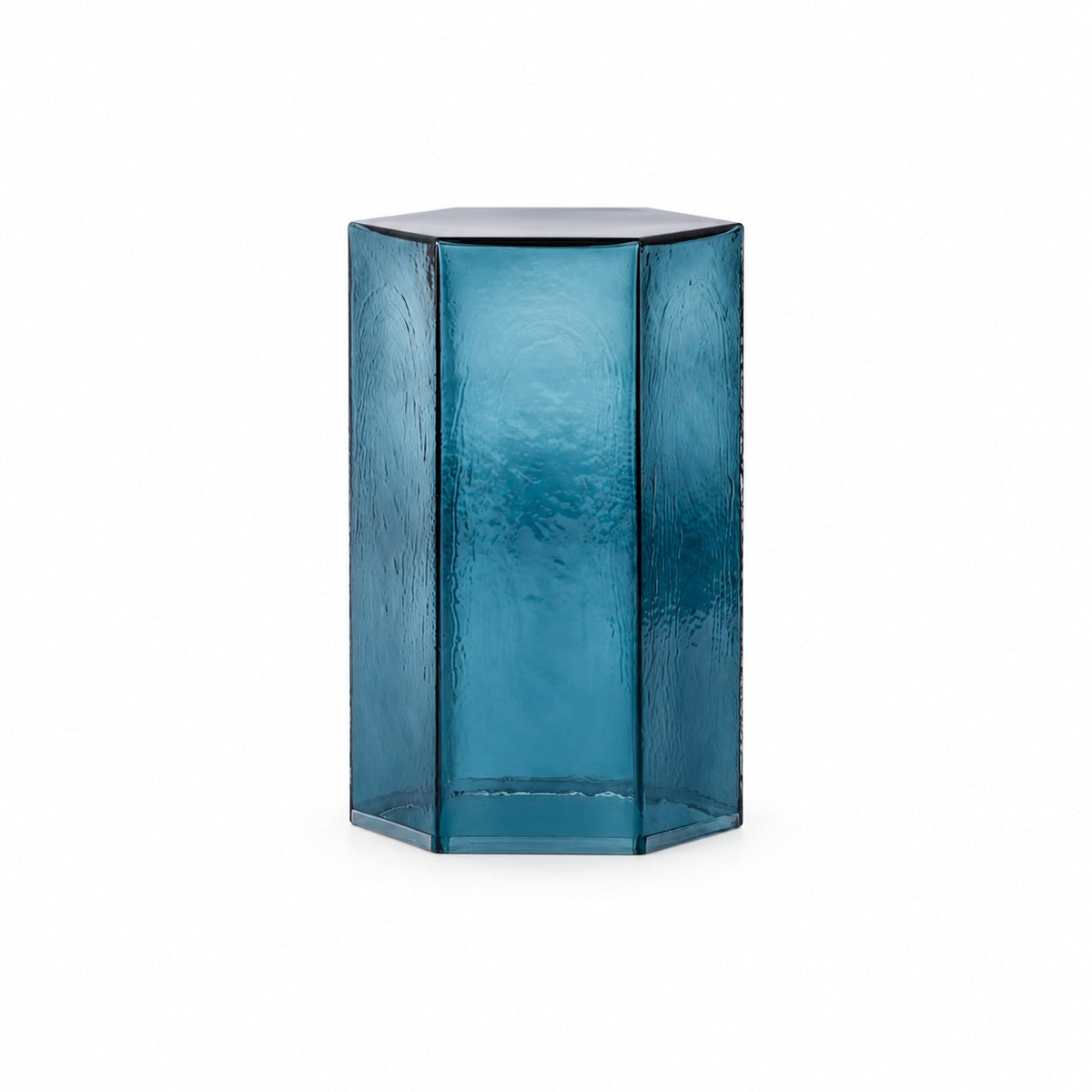 Blue Ace Nordic Accent Table — blue textured glass hexagonal column, full studio view on white