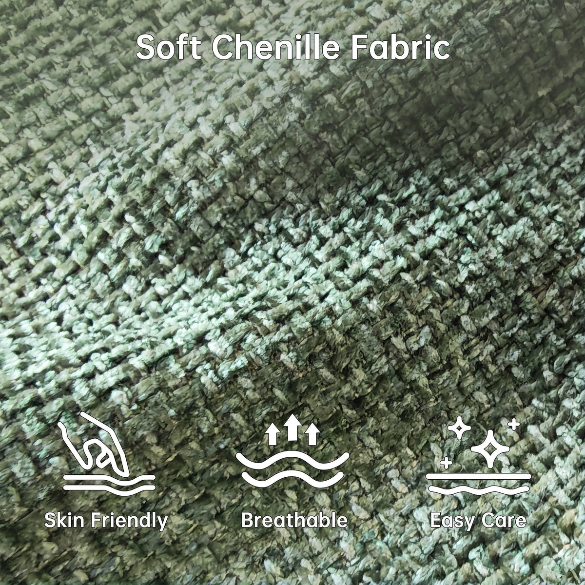 Close-up of the green chenille upholstery showing its woven texture.