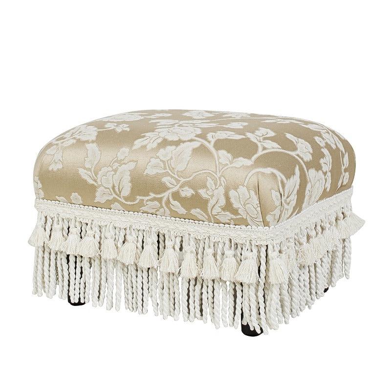 Champagne Floral Jacquard Footstool — three-quarter view of the floral footstool and fringe