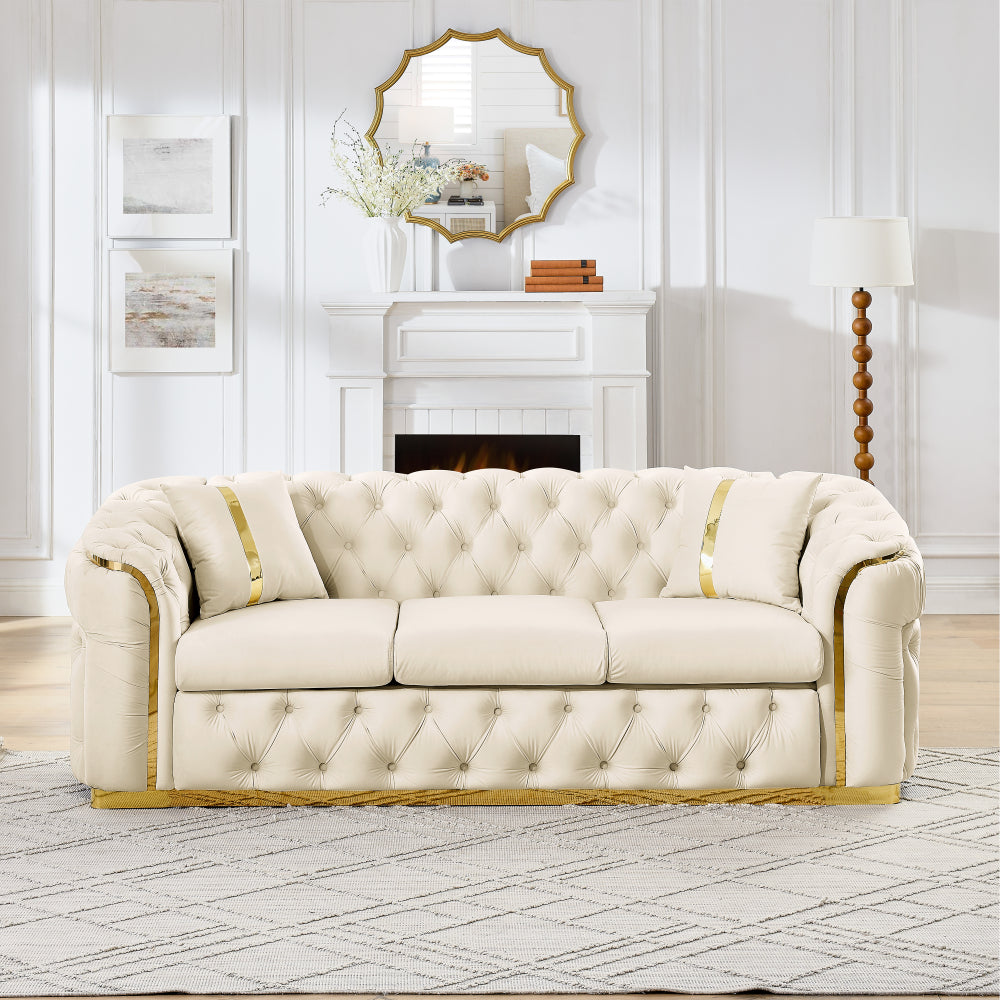 Velvet Chesterfield Sofa with Gold-Tone Trim — beige upholstery option.