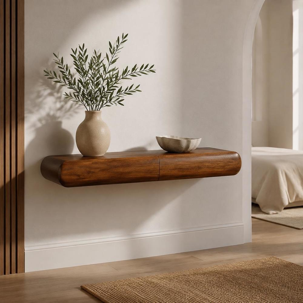 Solis brown floating wood console mounted beneath a vase in a neutral entryway.