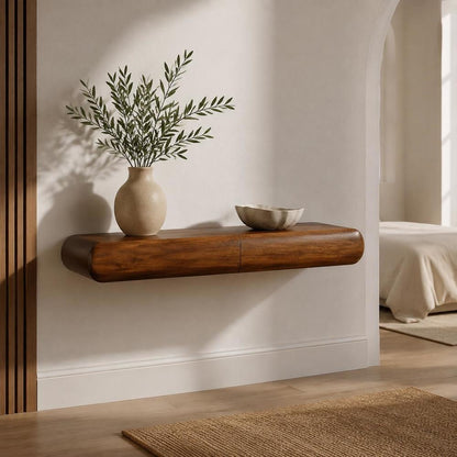 Solis brown floating wood console mounted beneath a vase in a neutral entryway.