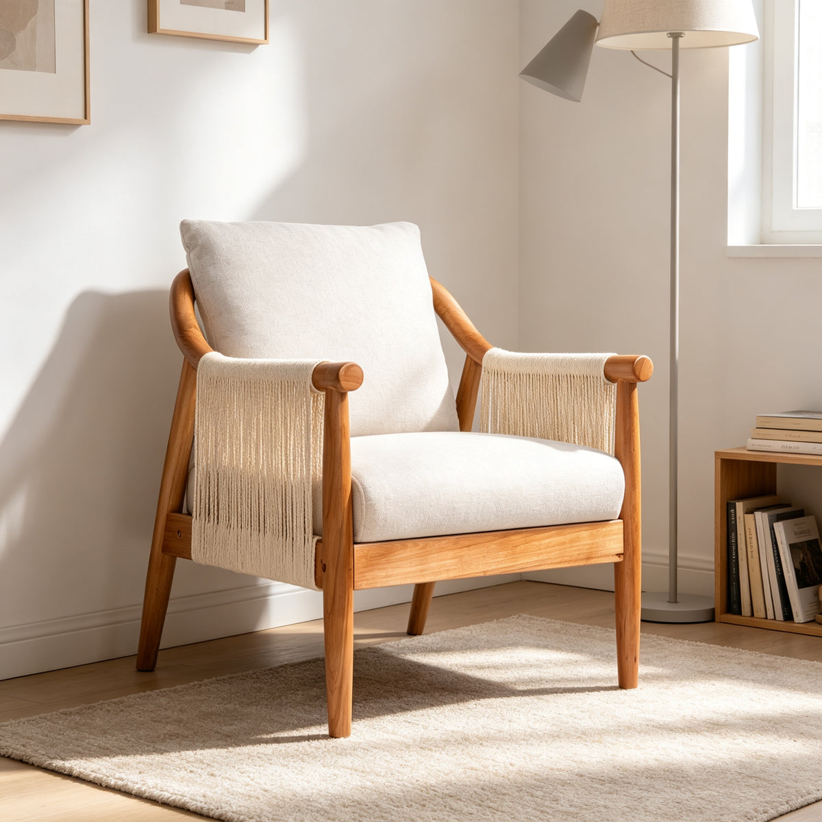Wood-Frame Accent Chair with Woven Paper-Rope Arms — three-quarter chair view against a pale wall