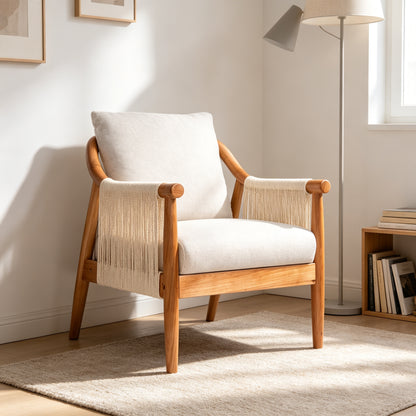 Wood-Frame Accent Chair with Woven Paper-Rope Arms — three-quarter chair view against a pale wall