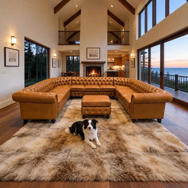 Ginger Chesterfield U-shaped sectional with matching ottoman in a living room