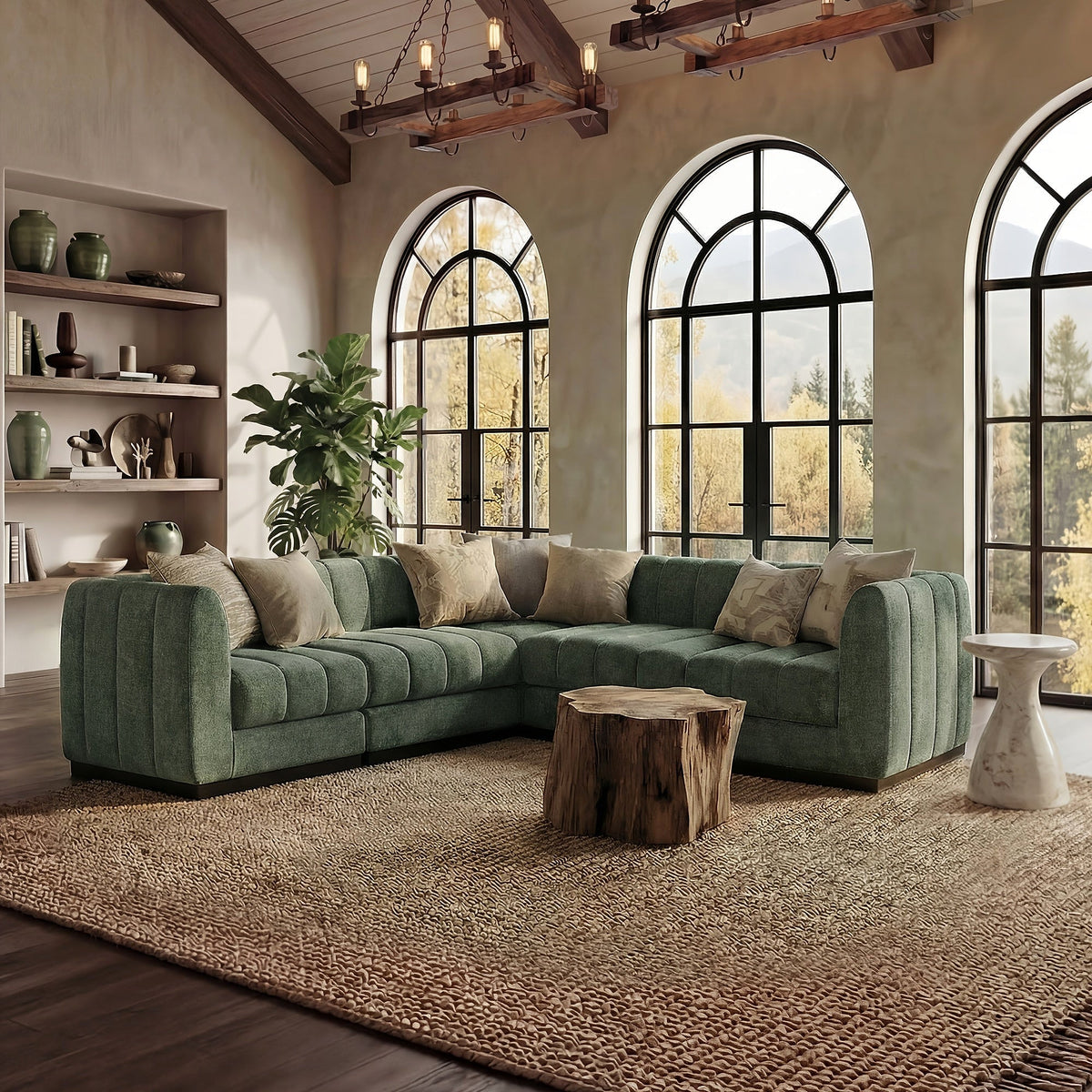 Green Morden Fort L-shaped sectional with channel detailing, broad arms and cushions in a living room.