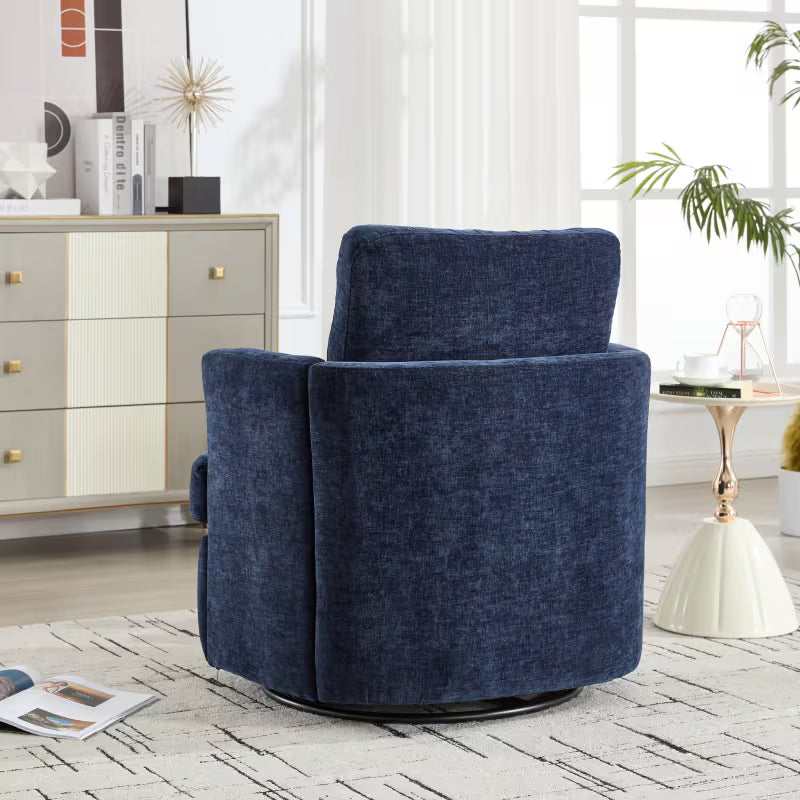 Rear angled view of the navy barrel chair showing its rounded back