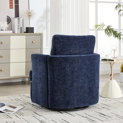 Rear angled view of the navy barrel chair showing its rounded back