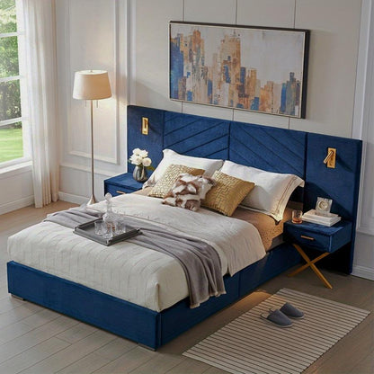 Angled view of the Royal Blue bed frame, upholstered headboard and built-in nightstands
