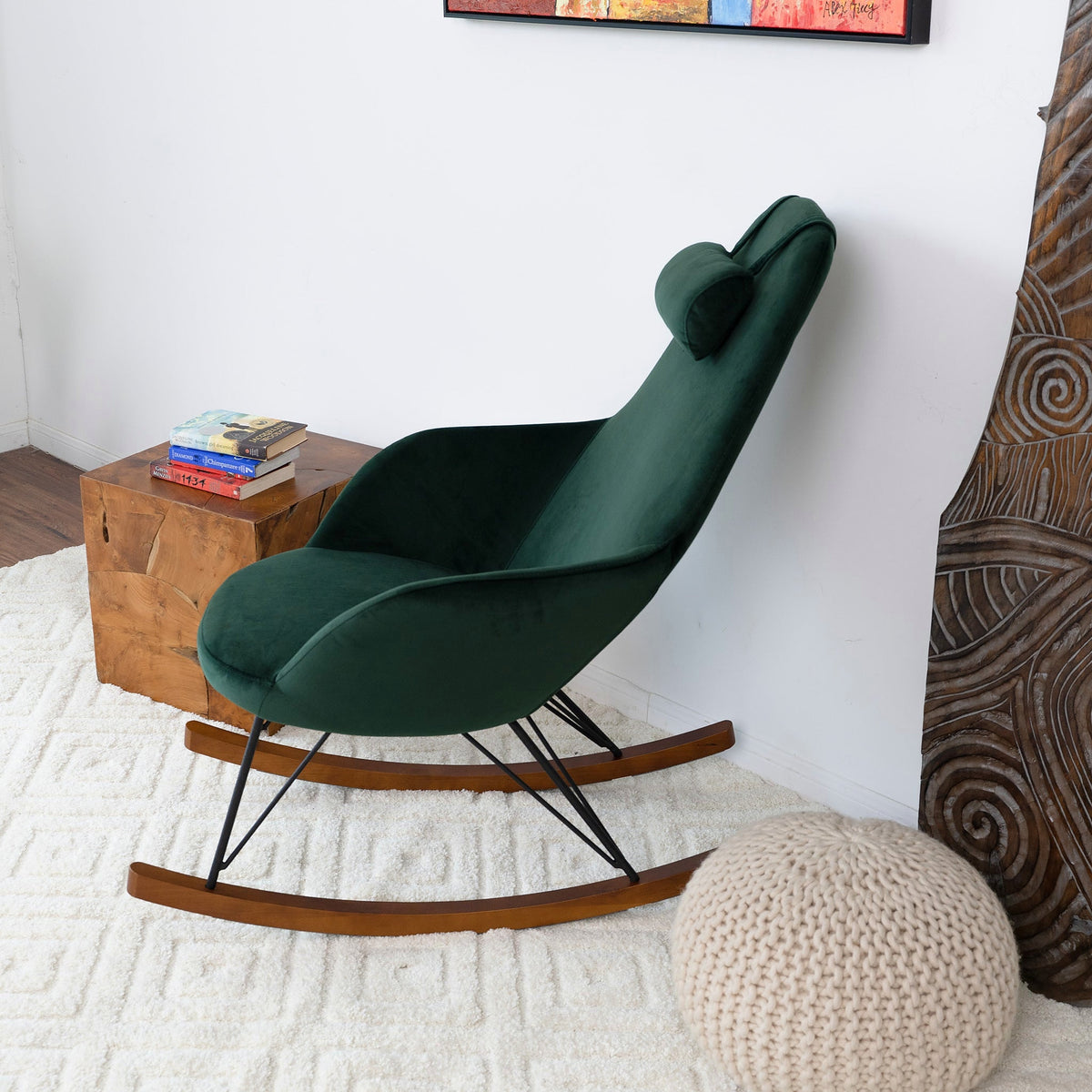 Chloe green velvet rocking chair with wood runners