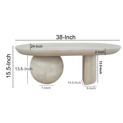 Dimension diagram of the mango-wood coffee table showing 38 by 24 by 15.5 inches